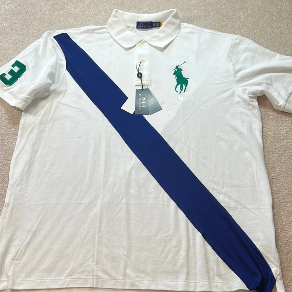 Polo Ralph Lauren Mens Big Pony Sash Polo Shirt White Blue‎ Green 2XL NWT